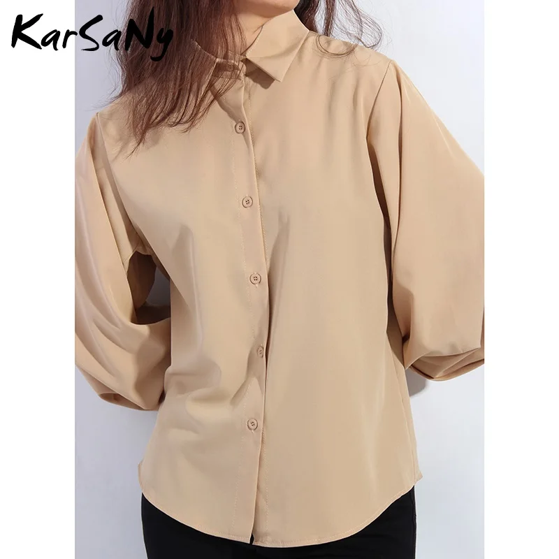 Женская рубашка с большим пышным рукавом Блузка цвета хаки длинным однотонные