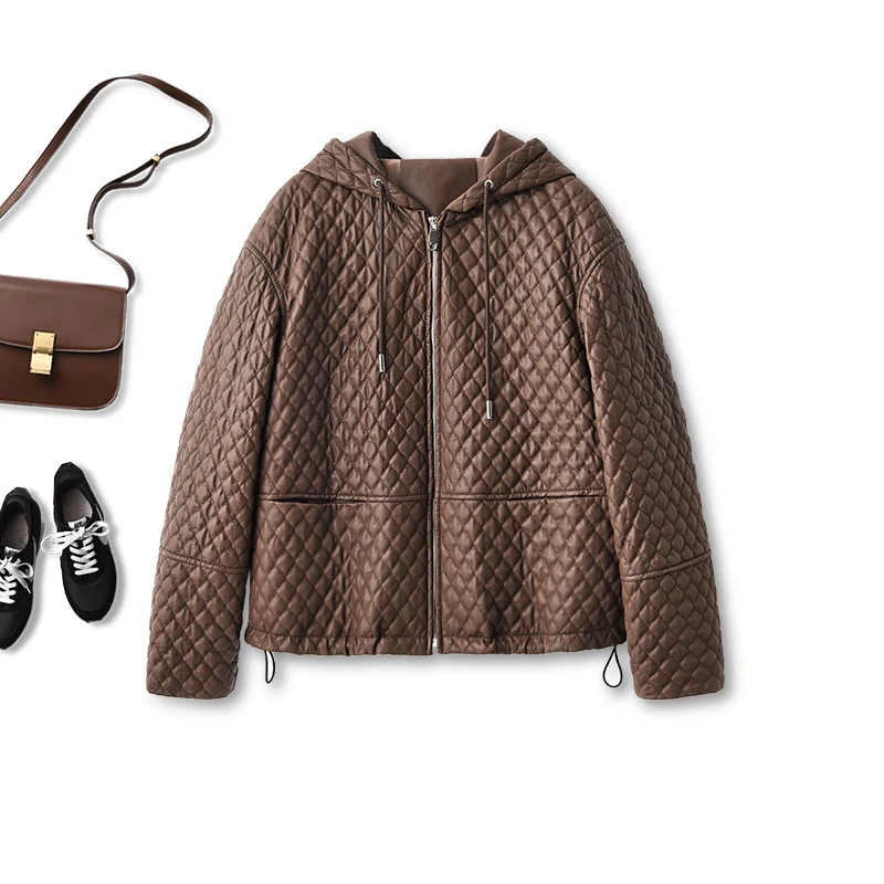 New Loose Genuine Leather Jacket Women  Sheepskin  Hooded  Casaco Feminino  Pockets  Zipper  High Street Fashion Loose Jackets