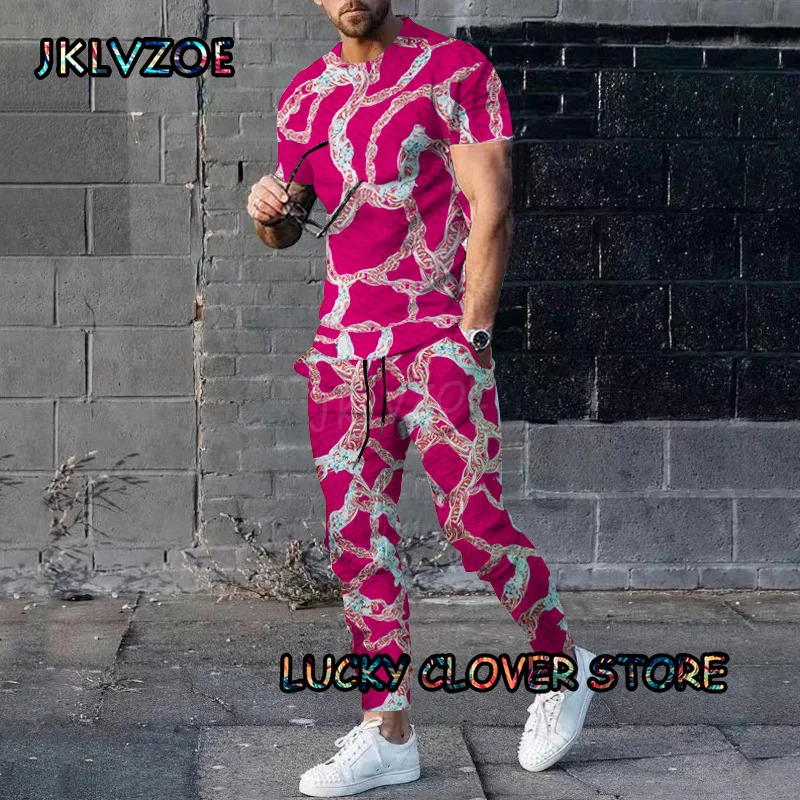 Men Multicolour Tracksuit Print Short Sleeve T shirts+Pants 2 Piece Set Man Outfit Summer Trousers Golden Chain Clothing Suit