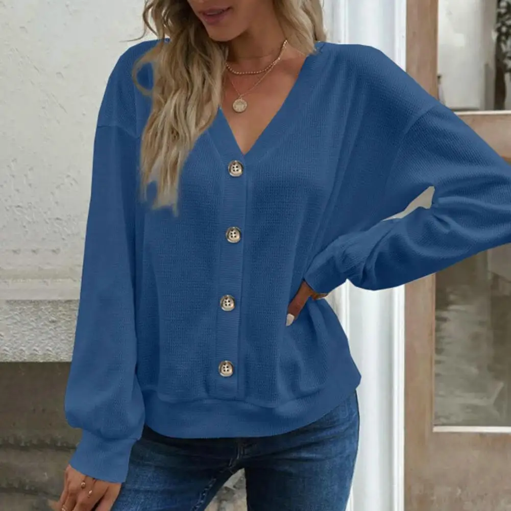 

Women Top V Neck Button Decor Loose Long Sleeves Lady Shirt Simple Style Commute Soft Warm Women Blouse Fall Spring Clothes