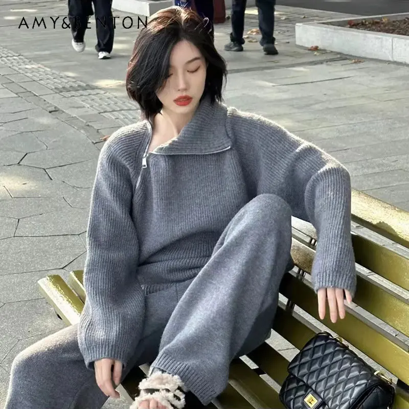 Autumn and Winter Fashion Design Turtleneck Side Loose Zip Sweater Sets for Women Knit Top and Wide Leg Pants Suit for Ladies