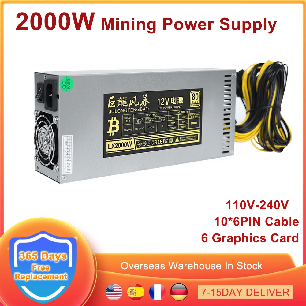 

2000W PSU BTC Mining Power Supply 110-240V ATX Support 6 GPU Graphics Card 10*6PIN Cable 80 PLUS For ETH LTC Bitcoin Miner Rig