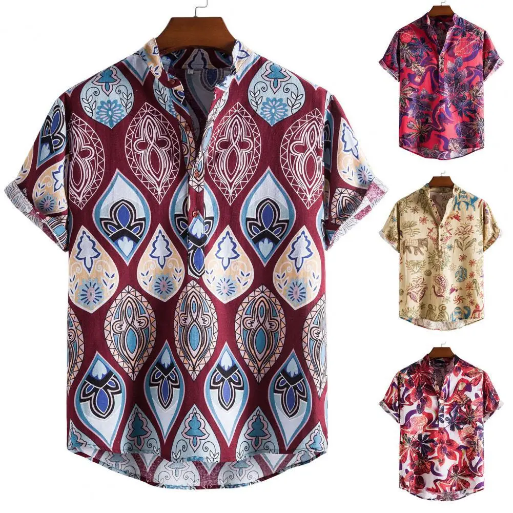 

Рубашка Мужская льняная с коротким рукавом, винтажный пуловер с воротником-стойкой, топ для Гавайского отдыха, пляжа, топ на пуговицах, на ле...