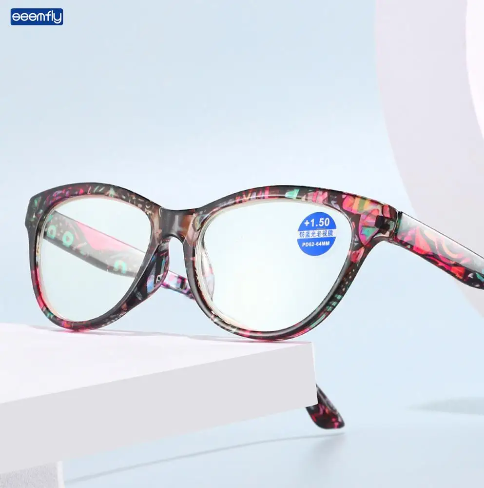 

Seemfly Anti-blue Light Women Reading Glasses Vintage Fashion HD Cat Eye Print Glasses Resbyopic Eyewear With Degree +1 to +4