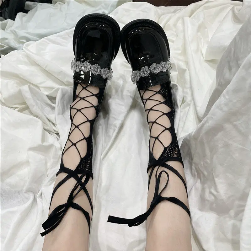 

Lolita Socks JK Cross Strap Hollow Lace Jacquard Calf Socks Japanese JK Bow Girl Middle Tube Socks JK Knee Socks Harajuku