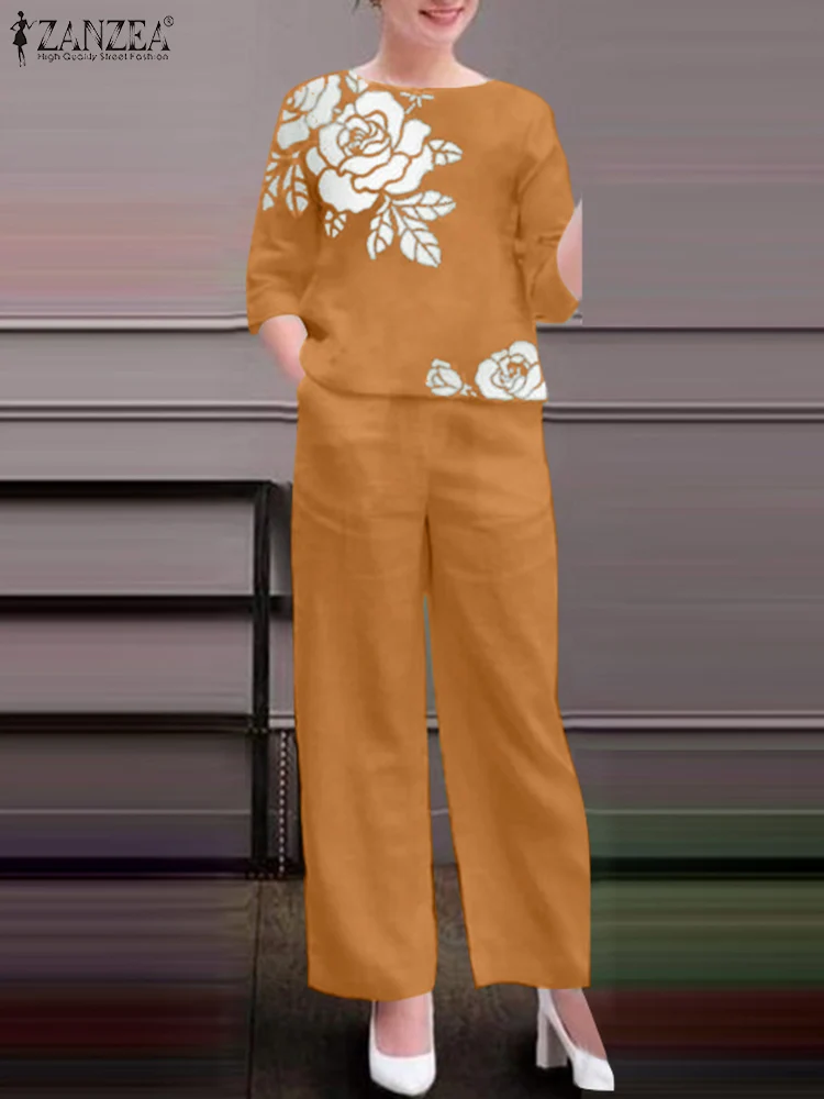 Женский костюм из блузки и брюк с цветочным принтом рукавом 3/4