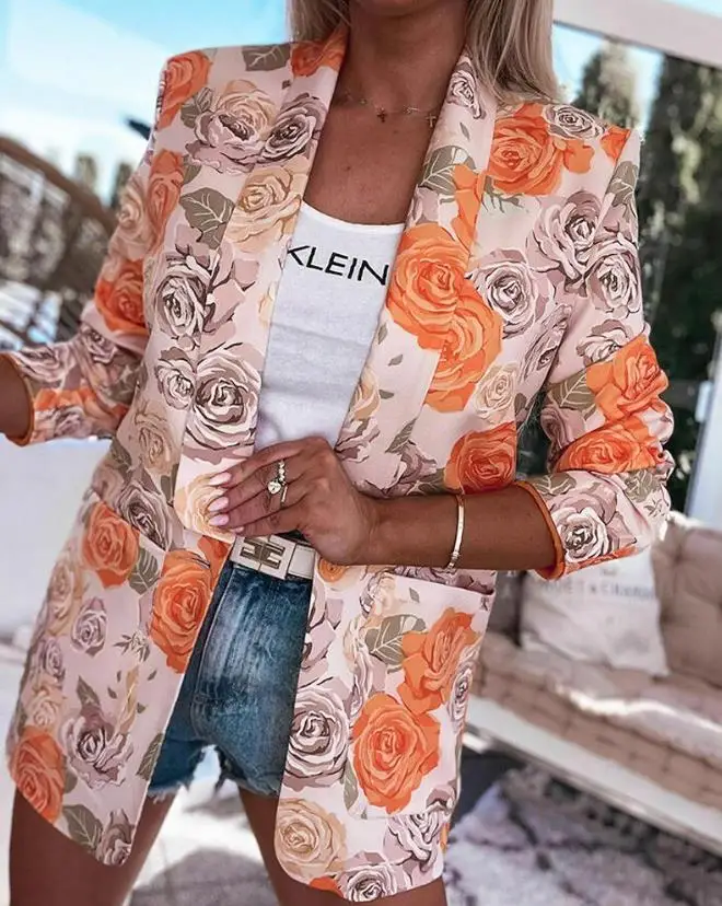 

Floral Print Long Sleeve Blazer Europe and America Fashion Elegant Work Office Ladies Shawl Collar Women's Suit Jacket
