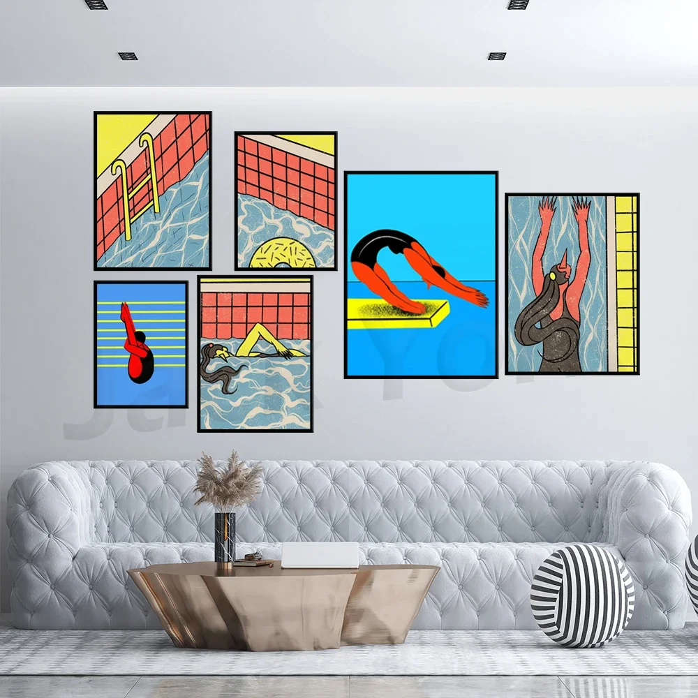 Swimming Girl Print Pool Art Poster Home Wall Decor Modern Prints Giclee Graphic Colourful Summer