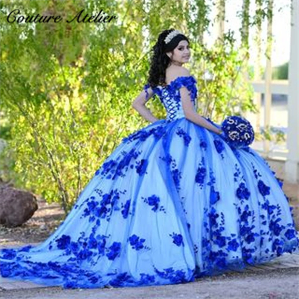 

Royal Blue Beaded Pearls 3D Flowers Quinceanera Dresses Off The Shoulder Ball Gown Sweet Sixteen Dress Wedding Gowns Tulle vesti