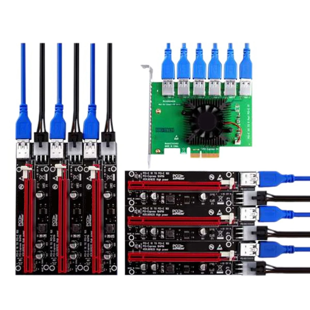 

PCIE Райзер PCI-E 1 до 6 Райзер карта PCI Express X16 расширитель USB 3,0 кабель SATA до 6 контактов питания для видеокарты 0,6 м