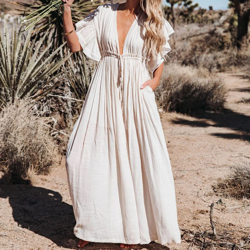 

Women Dresses Drawstring Long Deep V-Neck Batwings Big One Size Casual Beach A-Line Dresses Ankle-Length 2023 Summer New Style