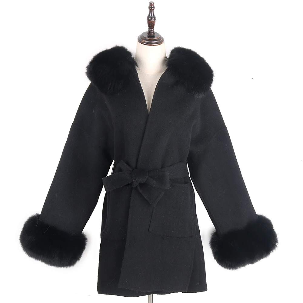 FURYOUME 2022 Winter Women Casual Cashmere Wool Blends Real Fur Coat Natural Fox Fur Collar Hooded Jacket Streetwear Loose Brand