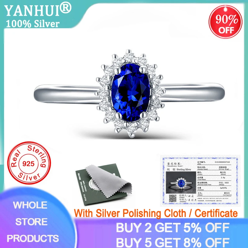 

YANHUI с сертификатом, производство Китай, 2.0ct овальное кольцо с сапфиром Вечерние Элегантные Свадебные украшения 925 Серебряное обручальное ко...