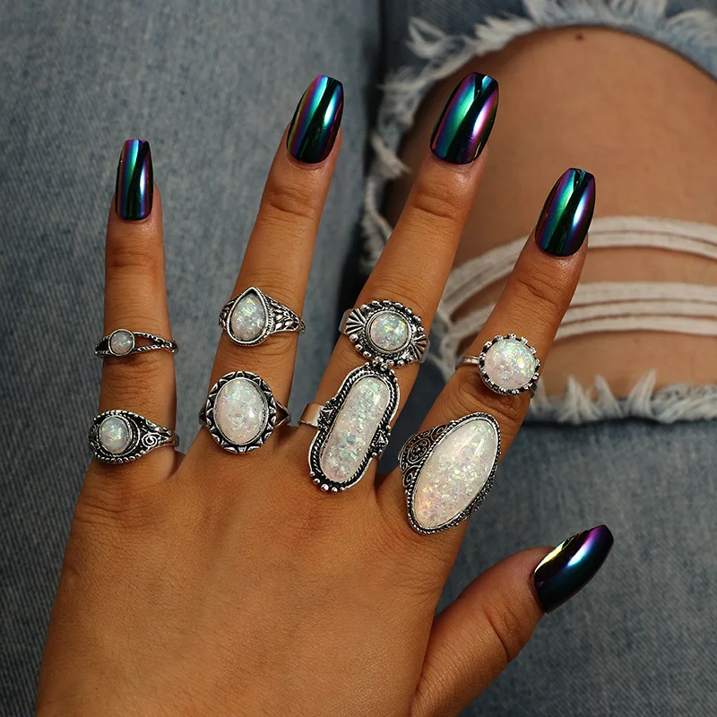 

Vintage Antique Silver Color Rings Sets Colorful Opal Crystal Stone Carve for Women Men Bohemian Jewelry Combination Ring Set