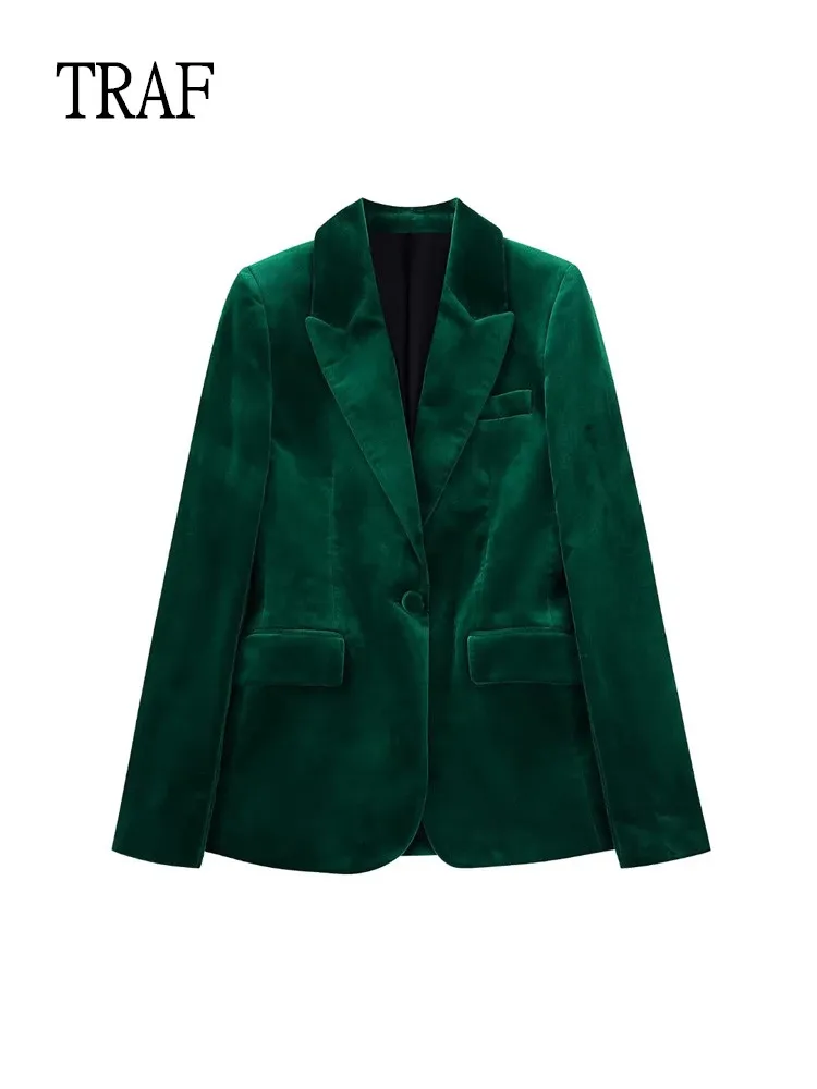 TRAF Green Velvet Jacket Women Blazer 2023 Fashion One Button Long Sleeve Top Female Jacket Elegant Office Lady Blazers Chic Top