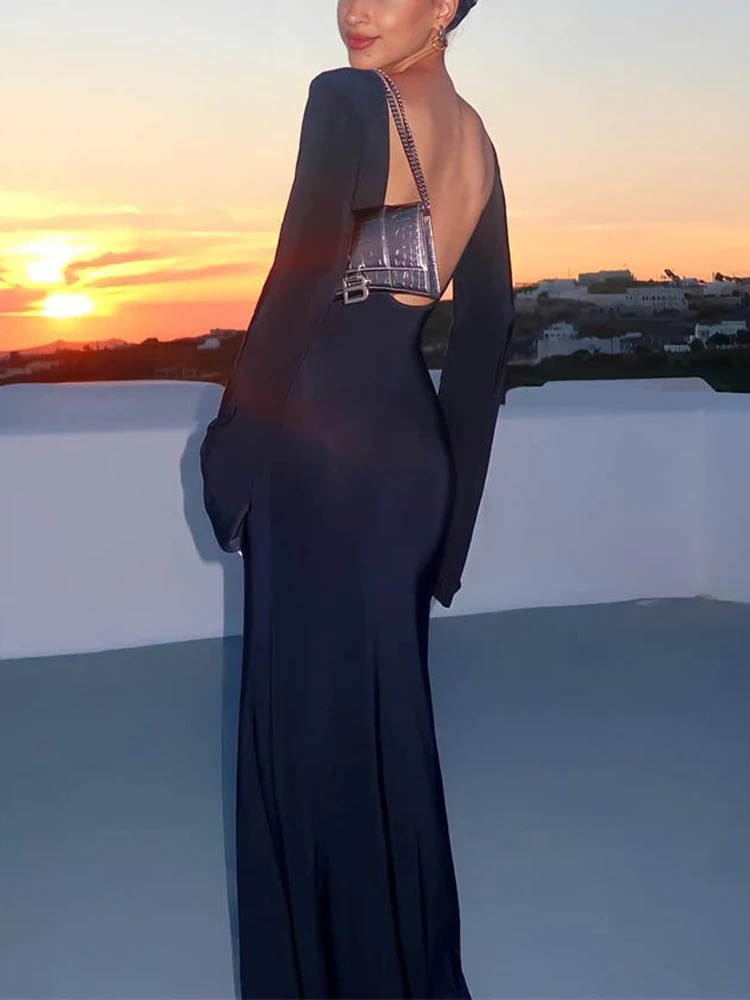 

Sexy Backless Knit Dresses Outfits Beachwear Long Sleeve Summer 2023 Elegant Robes Maxi Dresses Cover-Ups