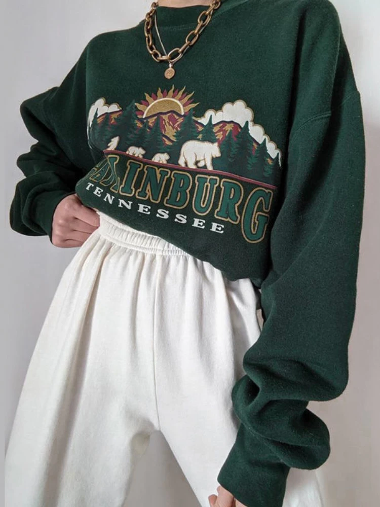 Женская толстовка в стиле ретро QWEEK Y2K винтажная зеленая Толстовка 90-х годов