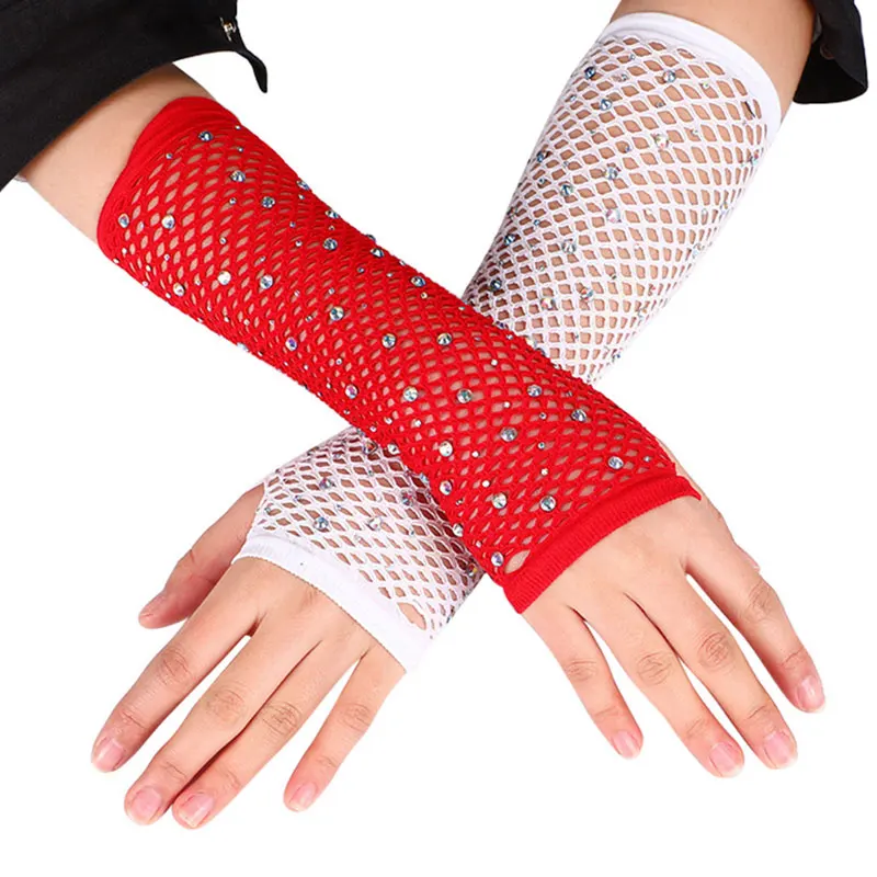 

Hollow Fishnet Fingerless Mittens See-through Sexy Thin Gloves Elastic Bridal Etiquette Gloves Colored Flash Diamond Mesh Gloves