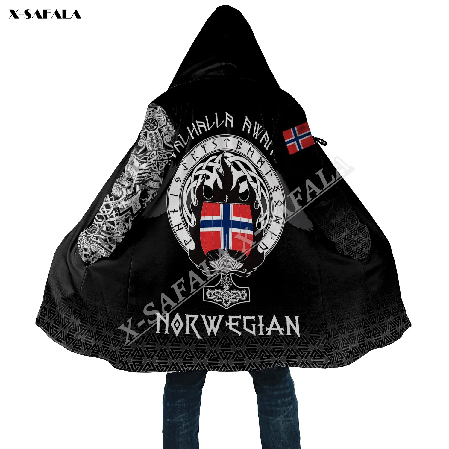 

Norwegian Norway Flag Thick Warm Cloak Men Tattoo Symbol Viking Overcoat Coat 3D Print Windproof Fleece Cape Robe Hooded Blanket