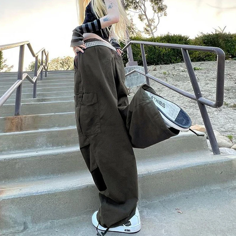 Women Y2K Cargo Pants Casual Hippie Joggers Trousers Solid  Drawstring Low Waist Loose Streetwear Punk Baggy Wide Leg Sweatpants