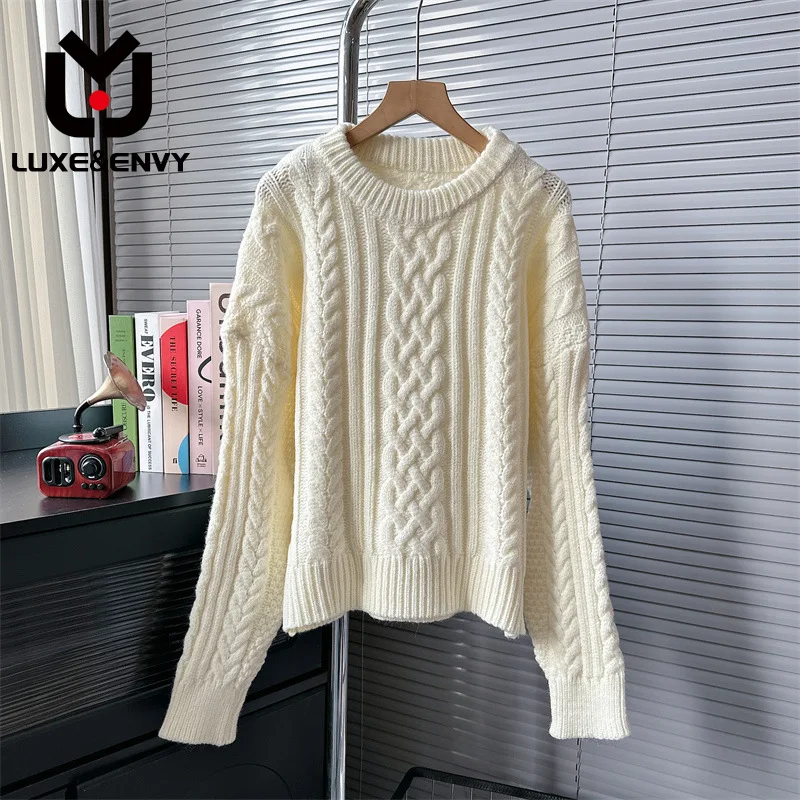 

LUXE&ENVY Korean Style Lazy Gentle Wind Round Neck Fried Dough Twists Sweater Autumn New Design Loose Knit Top 2023 Winter