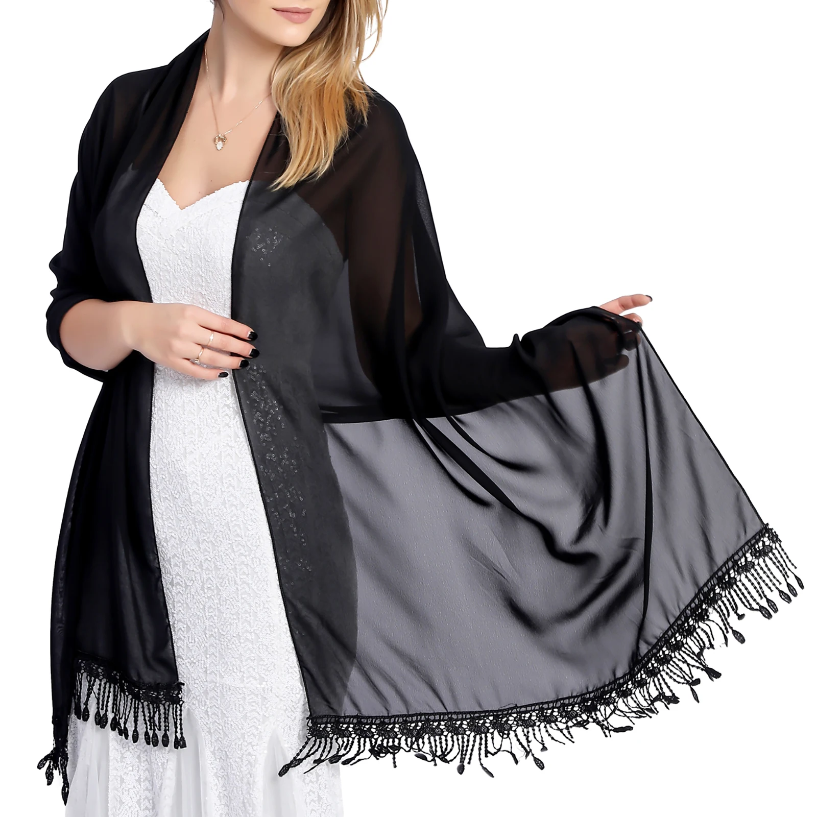 

Шифоновые платки и обертывания для женского вечернего платья от Ladiery, легкий мягкий шарф для свадебного платья с кружевом шали с бахромой