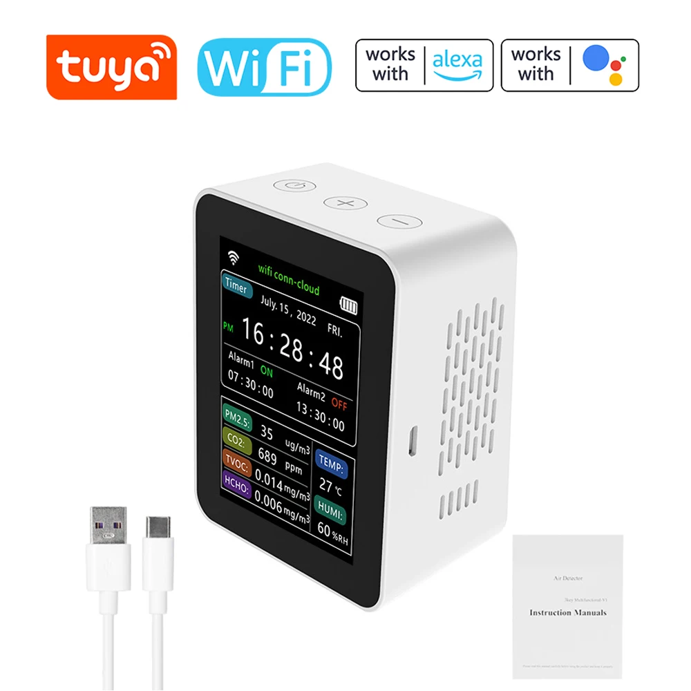 

Цифровой Wi-Fi Датчик качества воздуха Tuya 6 в 1, PM2.5 CO2 TVOC HCHO детектор температуры и влажности, измеритель CO2, анализатор газа с ЖК-дисплеем