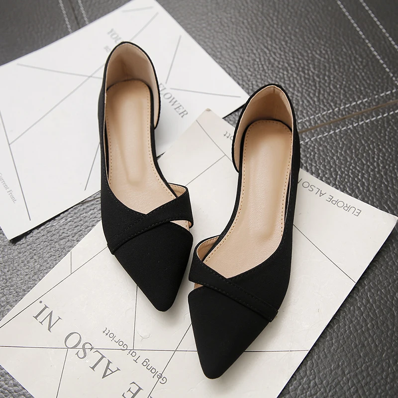 2022 Fashion Design Women's Elegant Flat Shoes Pink Black Solid Color with Suede Pointed Office Women's Flat Heels