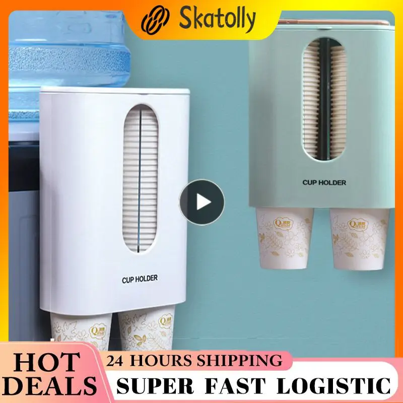 

Dispenser Paper Cup Holder Double-Cylinder With Lid Disposable Paper Cups Holder Office Wall Mounted Plastic Cups Distributor