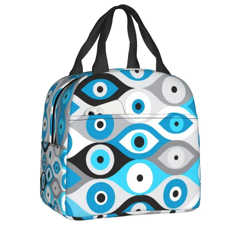 

Greek Evil Eye Pattern Blues Greys Thermal Insulated Lunch Bags Nazar Amulet Boho Lunch Container for Kid Multifunction Food Box