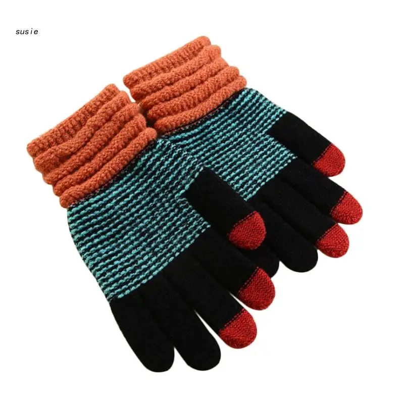 

X7YA мужские модные теплые лоскутные толстые с 3 пальцами для сенсорного экрана вязаные Стрейчевые перчатки