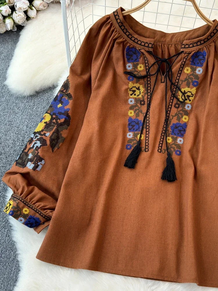 2024 весенняя рубашка с вышивкой в стиле ретро женский топ на шнуровке кисточками