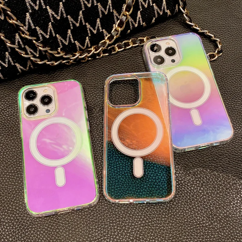 

Fashion Rainbow Laser Phone Case for iPhone 14 Plus 14Pro Max 13 12 11Pro Max Luxury PC Bumper Back Magnetic Attraction Cover