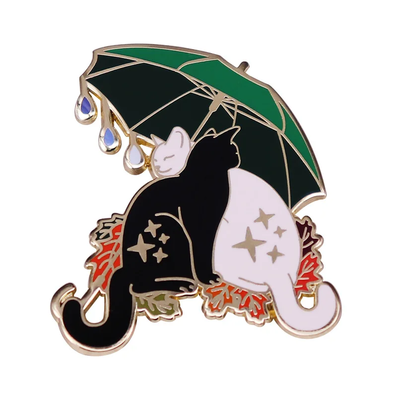Umbrella Snuggling Cats Pin Black and White cat Surrounded By Fallen Leaves Brooch Fabulous Autumnal Themed Badge
