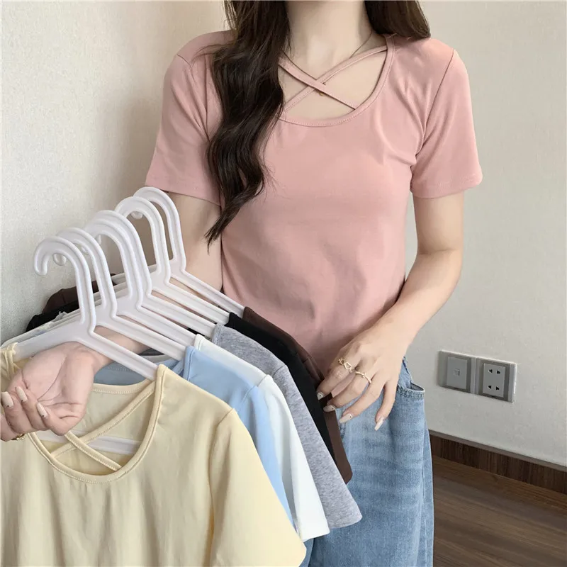 

Новая летняя однотонная Асимметричная футболка с коротким рукавом