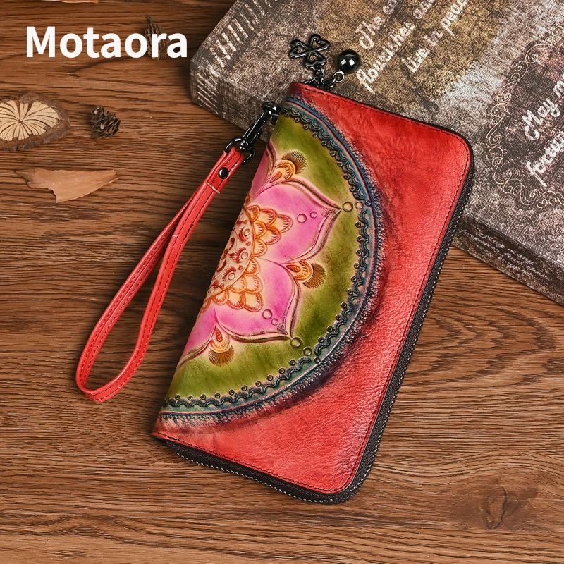 MOTAORA 2023 New Handmade Genuine Leather Wallets For Women Cowhide Mobile Phone Bags Women's Purses Ladies Designer Luxury Bag