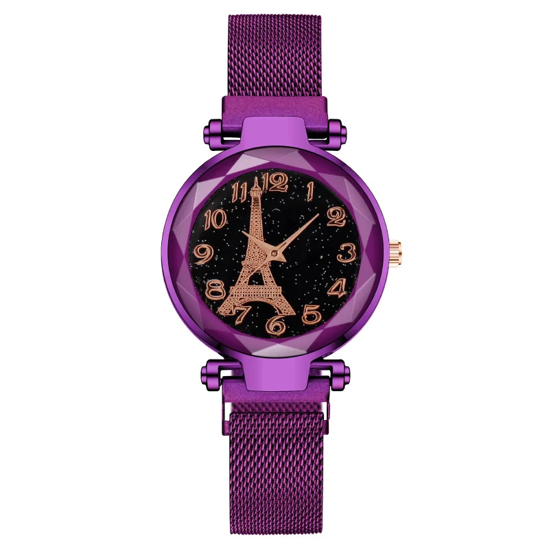 

Fashion Round Quartz Tower Pattern Dial Casual Wrist Watch Stainless Net Strap Fashionable Clock Waterproof Wristwatch for Women