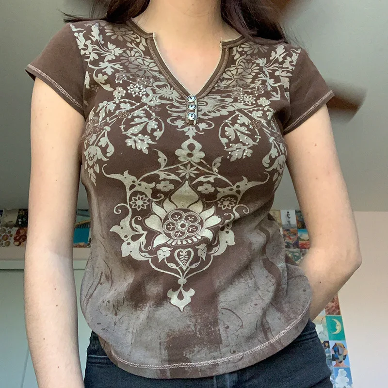 

Women Short Sleeve T-Shirt Vintage Pattern Printed V Neck Street Style Tee Shirt Casual Simple Tops