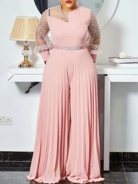 New Jumpsuits and Rompers For Women Pink Pleated High Waisted Floor Length Elegant Evening Night Party Clothes Jumpsuits