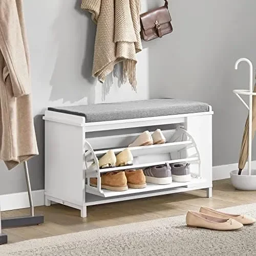 

White Storage Bench with 2 Doors, Shelf & Removable Seat Cushion, Shoe Cabinet, Shoe Bench