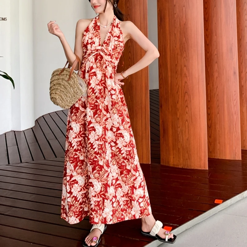

Casual Vacation Red Printed Long Dress Summer Halter Neck Sleeveless Dress Vintage High Waist Bohemian Lace-up Beach Dress 27441