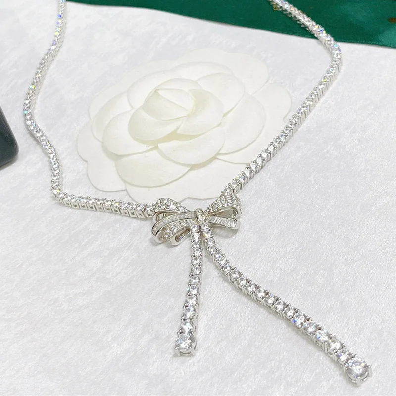 

High Quality 925 Sterling Silver Full Zircon Bow Necklace For Women Luxury Fine Jewelry DN