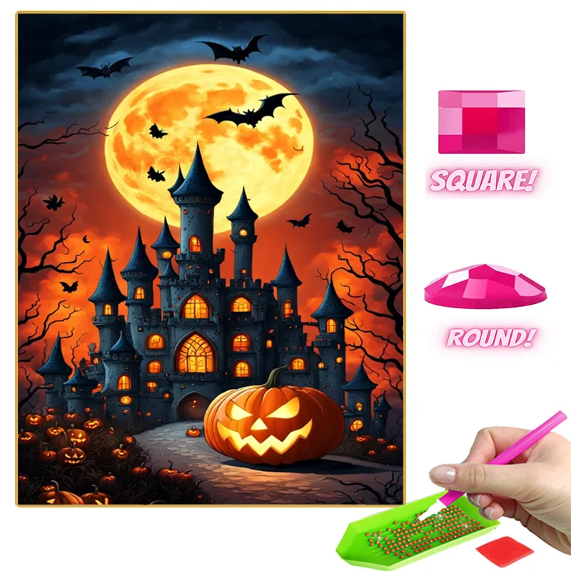 Хэллоуин Летучая Мышь Замок Алмазная Картина Полная Круглая Мозаика Вышивка