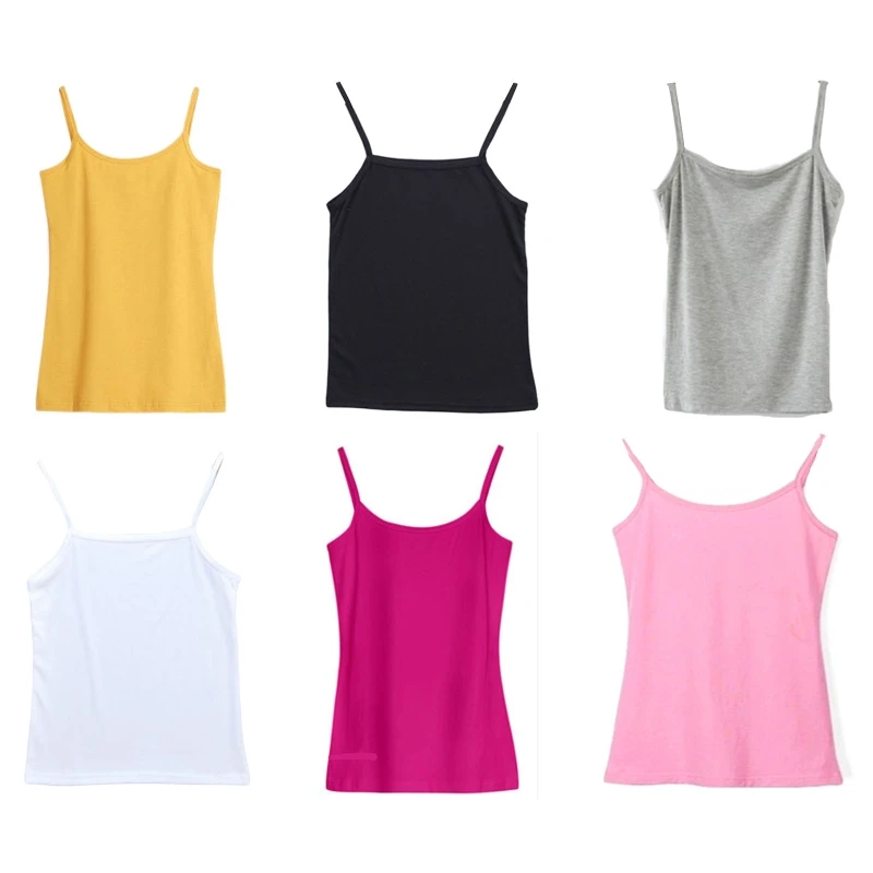 Women Summer Basic Solid Color Sleeveless Camisole Spaghetti Strap Scoop Neck Tank Top Slim Fitted Bottoming Sling Vest Plain