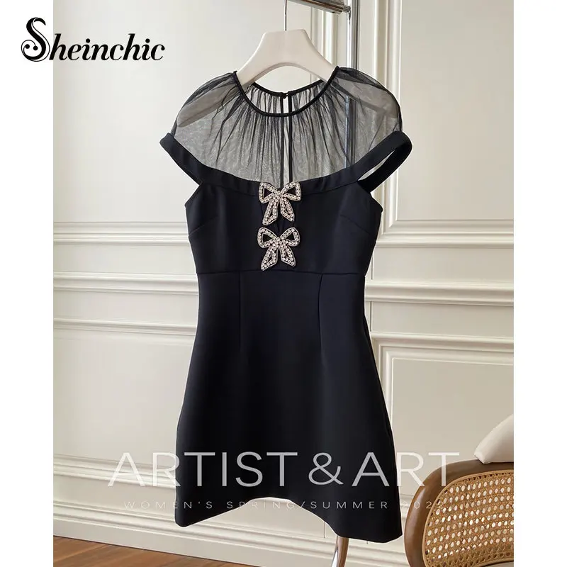 

Роскошное Сетчатое лоскутное мини-платье с бисером и бантом, новинка 2022, Осенние брендовые дизайнерские элегантные черные платья с круглым ...