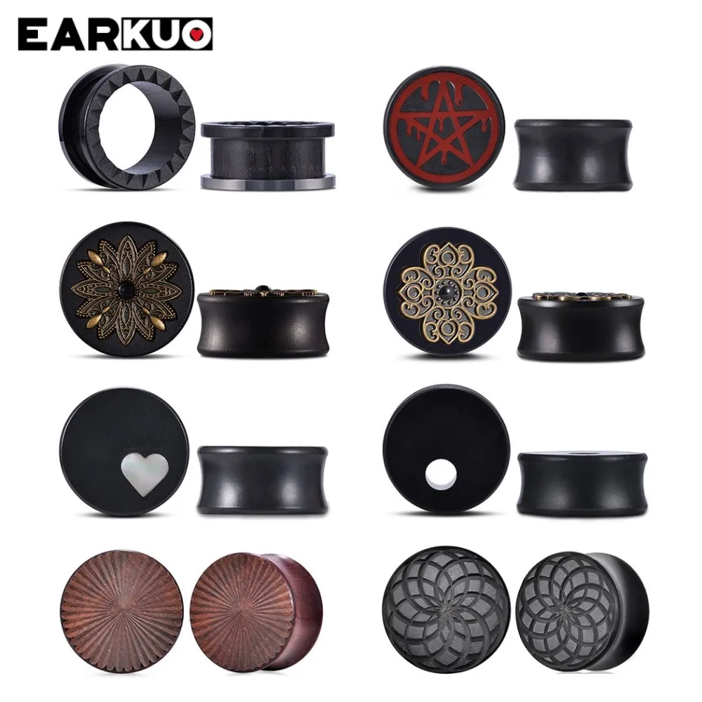

EARKUO Ear Plugs Tunnels Gauges Expanders Stretchers Wood Heart Shell Flower Jewelry Piercing 2PCS