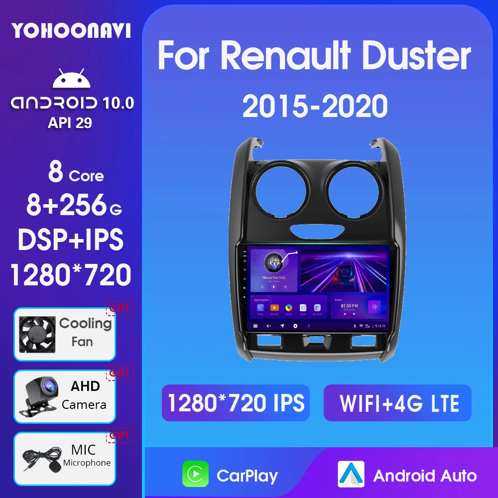 

YOHOONAVI 8-ядерный 2Din Android 10 автомобильный радиоприемник для Renault Duster 2015-2020 Carplay 4G WIFI Автомобильный мультимедийный GPS-навигатор Авторадио