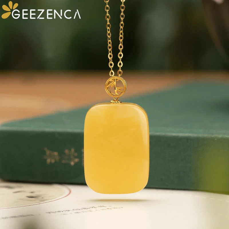 

GEEZENCA 18K золотой бамбуковый лист Натуральный Янтарный продолговатый кулон для женщин правильной геометрической формы, модный Подарочное Ож...