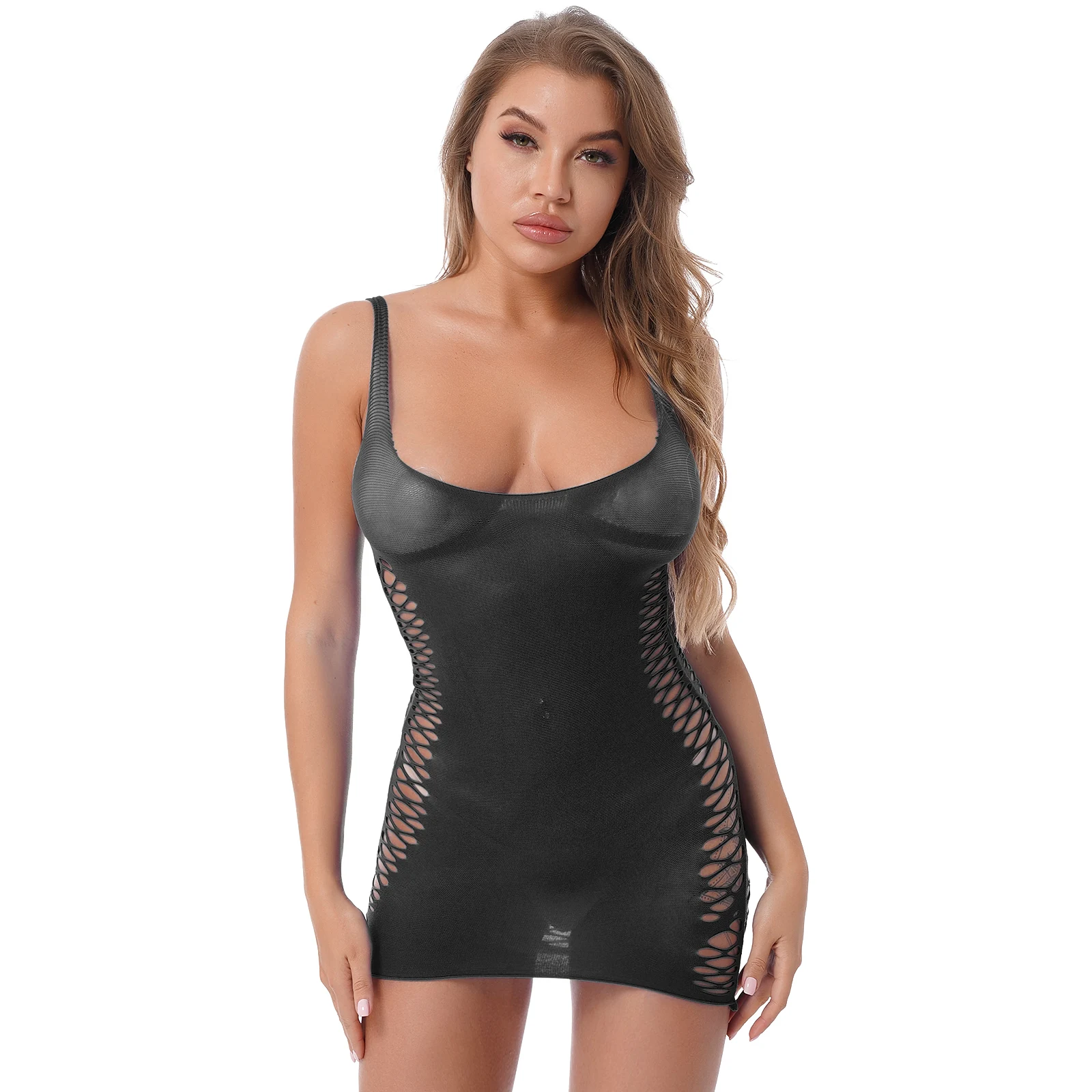 

Women Hollow Out Mesh Sundress Minidress Sleepwear Clubwear U Neck Sleeveless Bodycon Dress Female Sexy Lingerie Erotic Costumes