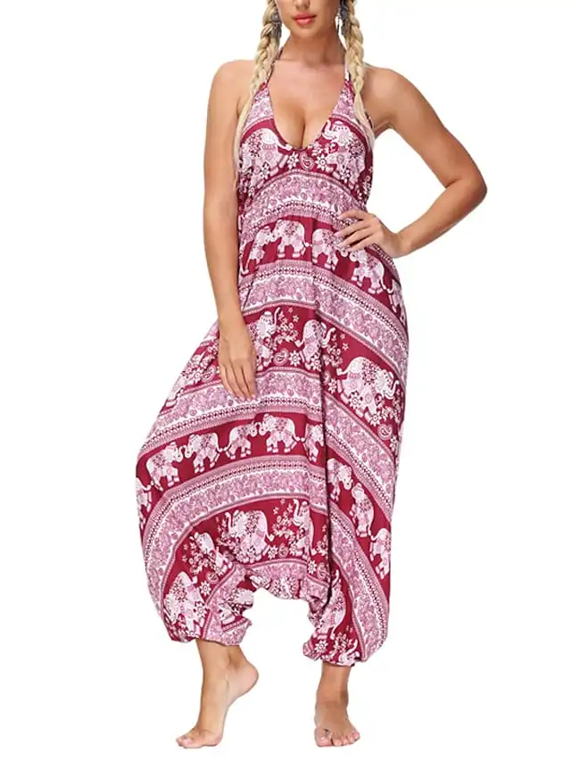 

Women's Jumpsuit Backless Drawstring Print Halter Neck Casual Street Daily Harem Regular Fit Sleeveless Blue White Black One-Siz